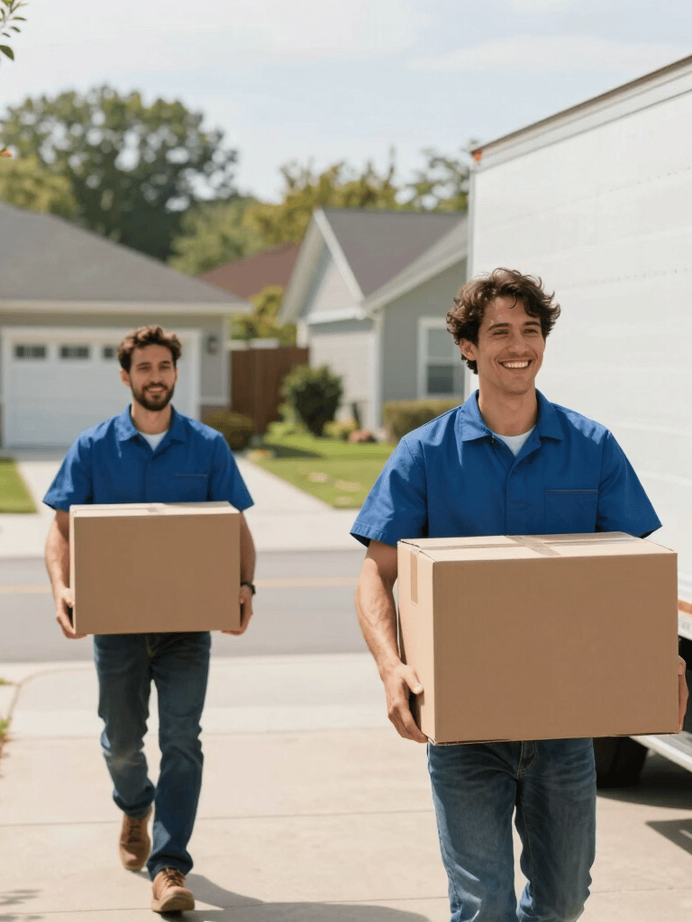 Professional photography of two friendly moving experts carrying a cardboard box toward a white truck in a bright North American suburban neighborhood driveway during the day.