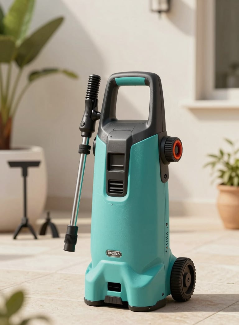 Close-up photography of a professional pressure washer and gardening tools neatly arranged in a modern Brazilian garden, bright sunlight, clean and inviting atmosphere, incorporating muted teal and off-white tones.