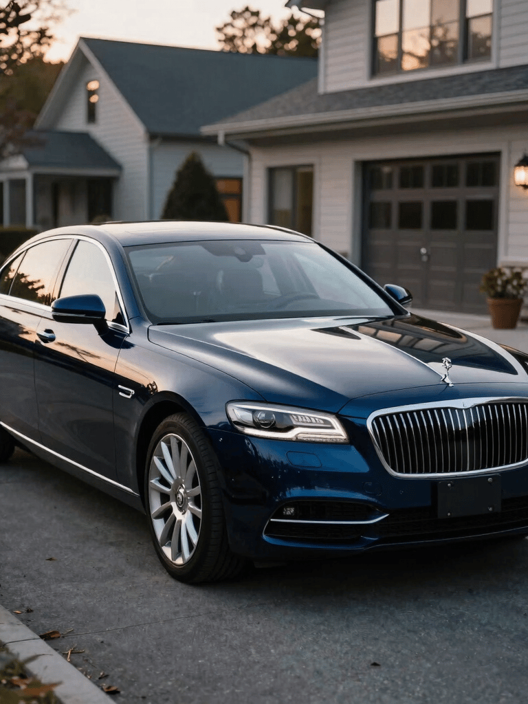 A cinematic shot of a dark luxury sedan reflecting the sunset in a clean, modern driveway in Lebanon, New Hampshire, North American architecture in the background, sharp focus on the glossy paint finish, Oxford Blue and Silver Lake Blue color palette.