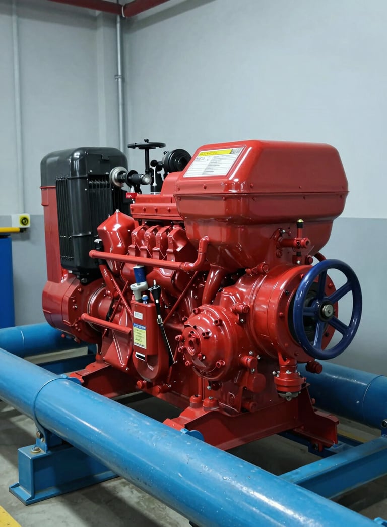 A professional shot of a large industrial red diesel fire pump engine installed in a mechanical room, featuring pipes in soft steel blue and clean pale frost walls.