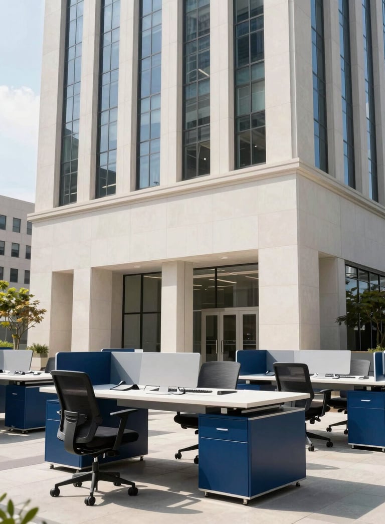A bright, modern corporate office in a North American skyscraper with clean lines and off-white and deep blue furniture, emphasizing a professional tech mood.