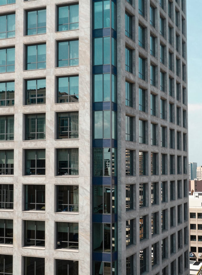 Modern high-rise office building window with a view of a clean North American cityscape at noon, turquoise and navy blue accents in the decor.