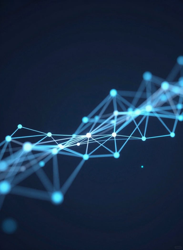 An abstract 3D digital visualization of interconnected nodes and glowing data streams against a deep #1A2E35 background, representing innovation and technical expertise.