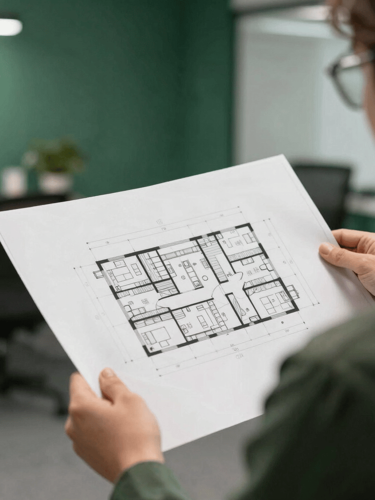 Close-up photography of a professional consultant in a European / French office examining building plans. The scene is sophisticated and modern, with a Dark Navy and Teal color scheme in the professional attire and office decor.
