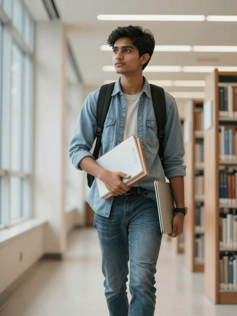 A confident South Asian student carrying textbooks and a laptop, walking through a modern university library with large windows and bright, soft lighting.