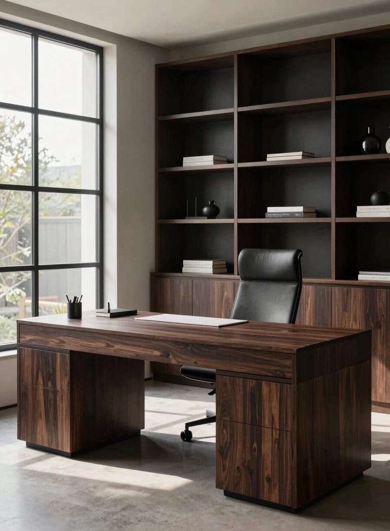 A sophisticated North American home office featuring a custom-built dark walnut desk and minimalist shelving, soft sunlight through large windows, charcoal black and soft pearl color palette, professional photography style.