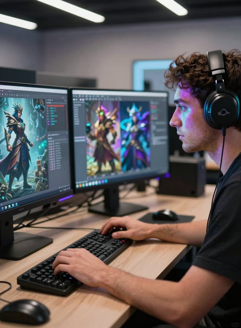 A focused game developer in a high-tech North American / US studio environment, working on a dual-monitor setup showing fantasy character designs, with electric purple and neon cyan light reflecting on their face.