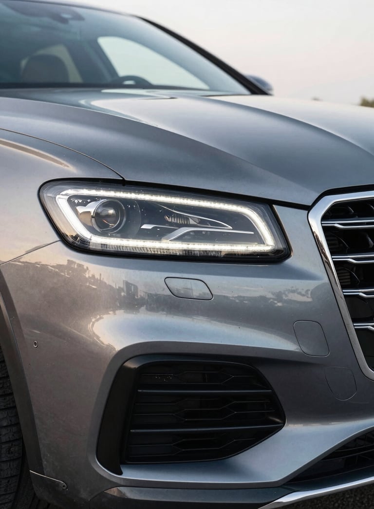 A detailed shot of a luxury vehicle's front grille and sparkling clean headlight, reflecting a bright North American sky, emphasizing perfection and a premium finish in a clean professional environment.