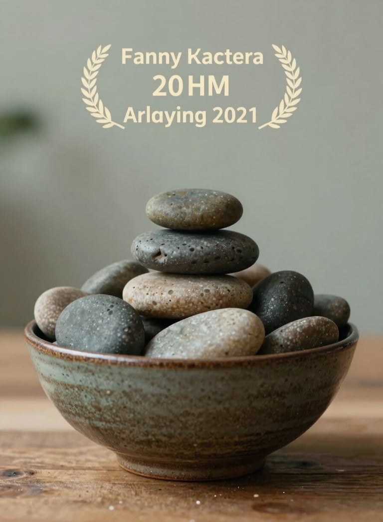 A close-up photograph of a ceramic bowl filled with smooth river stones on a wooden surface, suggesting balance and peace. The background is a blurred soft sage wall.