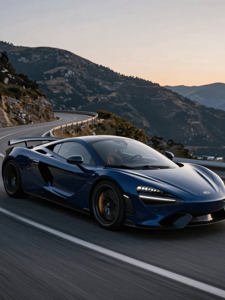 A high-performance navy blue sports car speeding along a winding mountain road at dusk, cinematic lighting, motion blur on the wheels, North American / European Luxury Automotive Market.