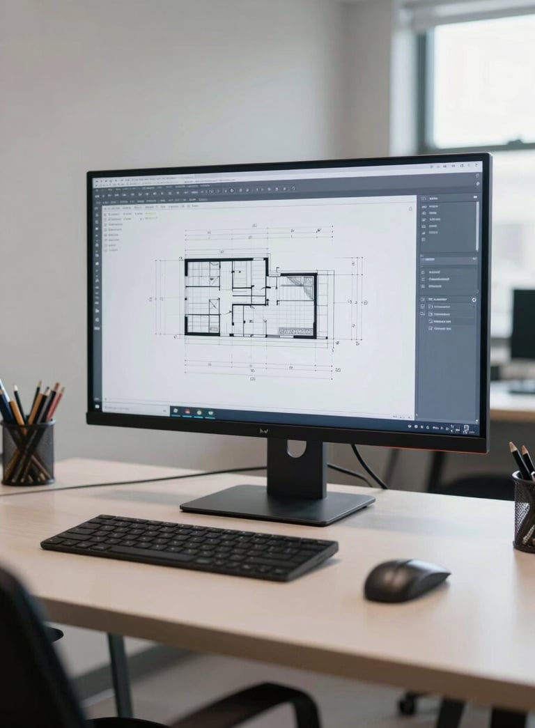 A professional North American architectural drafting studio, featuring a minimalist workspace with a large monitor displaying complex technical drawings, soft natural light, and a sophisticated muted blue and off-white palette.