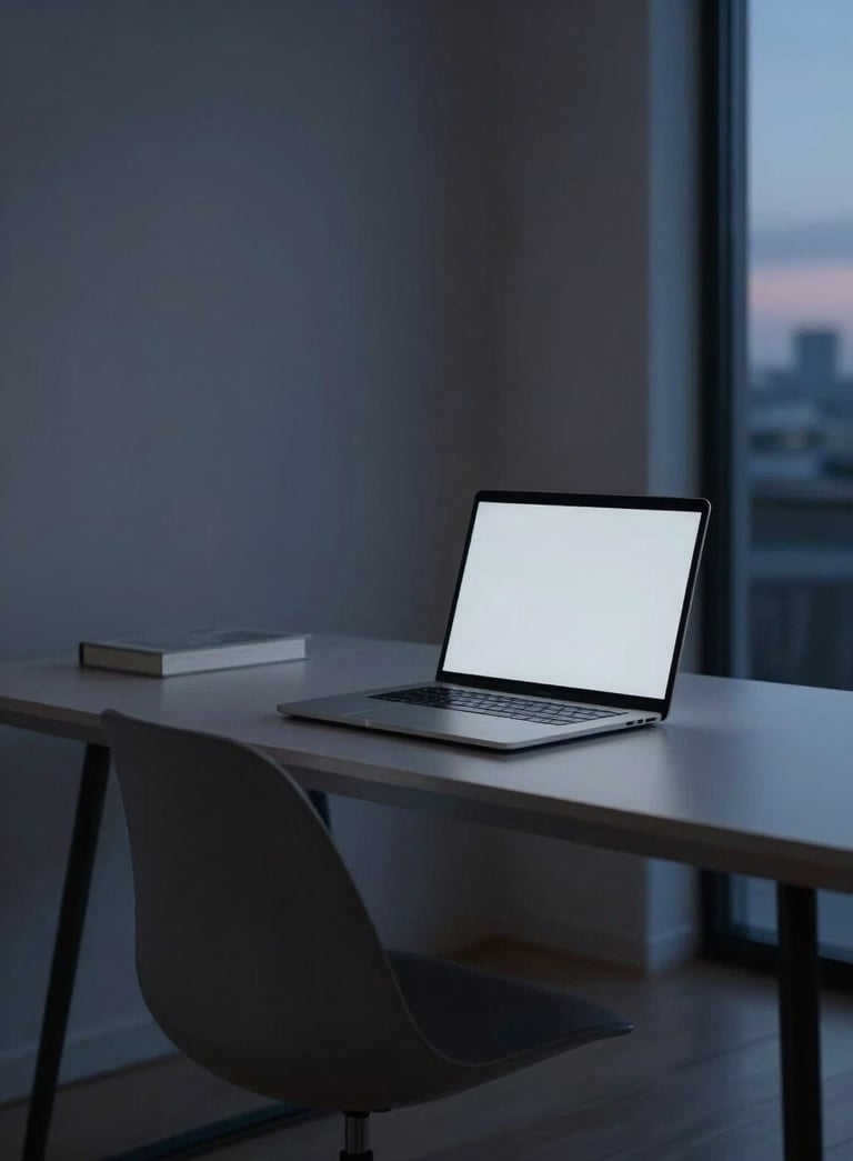A wide photography shot of a sleek, minimalist home office in the US at twilight. A laptop screen glows softly in light grey and navy blue tones. The atmosphere is quiet, secure, and professional.