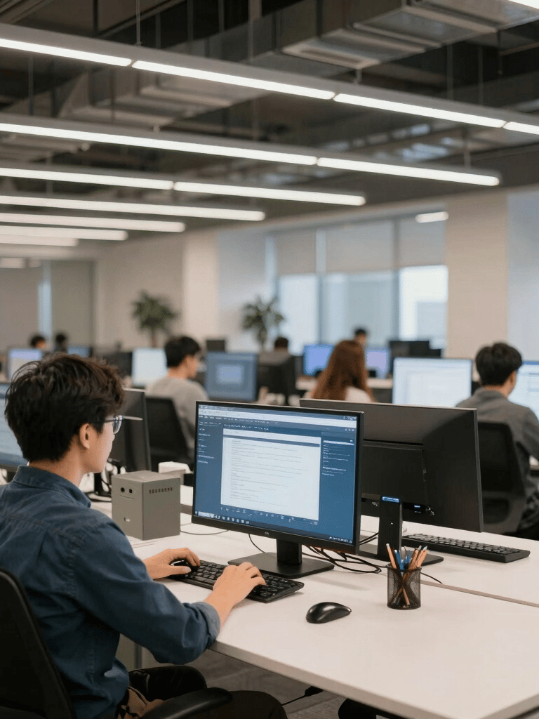 A wide, bright shot of a modern European / French open-plan office with large windows, minimalist furniture in deep slate blue, and a professional atmosphere.