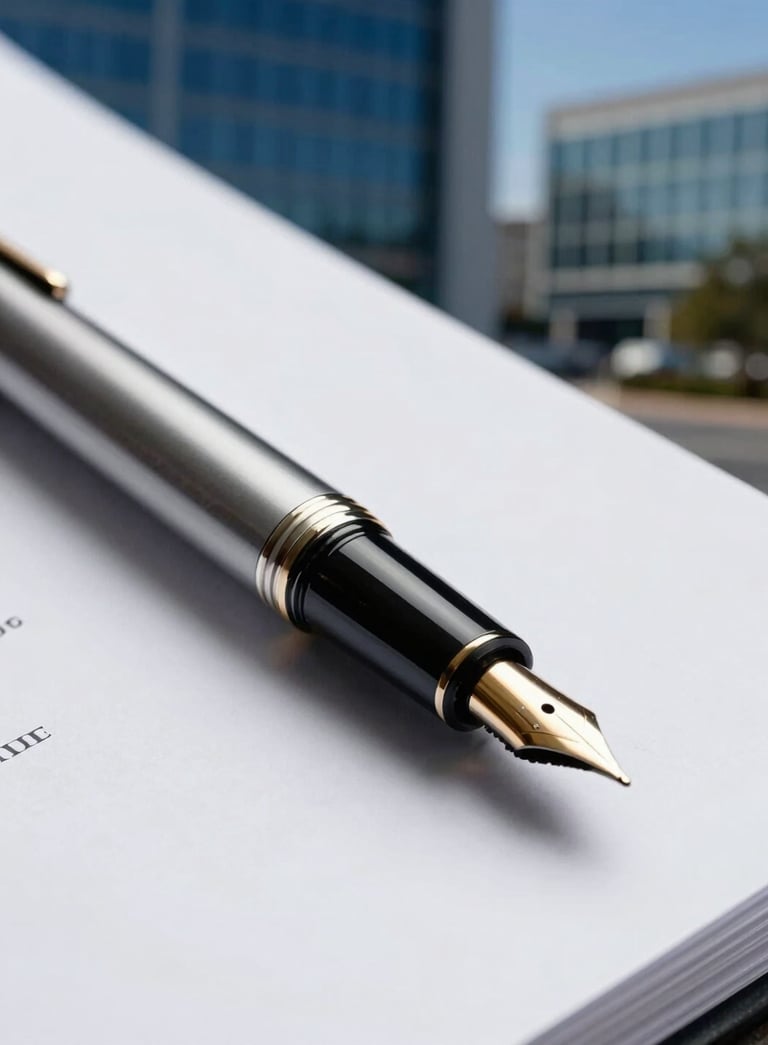 A close-up shot of a high-quality fountain pen resting on a crisp white document, with a blurred corporate office background in midnight blue and steel blue tones, suggesting precision and legal expertise.