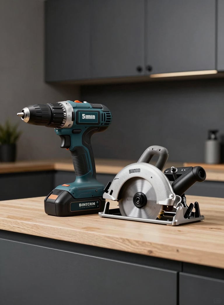 A high-end cordless drill and a circular saw resting on a light cloud workbench, modern minimalist workshop setting with deep slate cabinetry, professional photography.