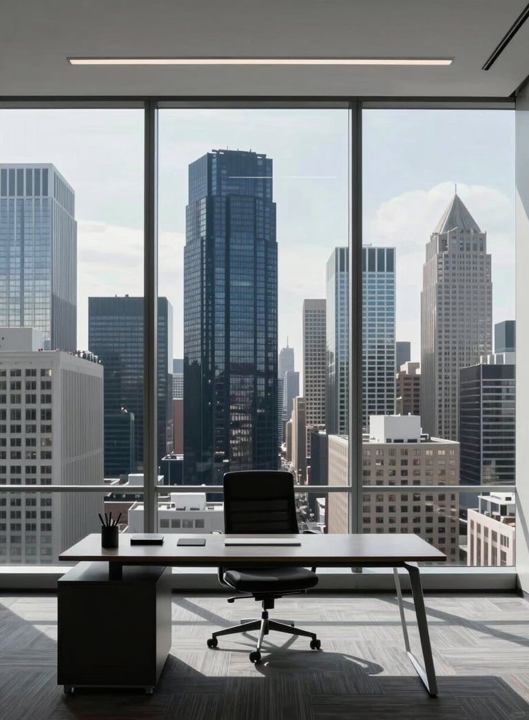 An interior shot of a sophisticated North American executive office with expansive floor-to-ceiling windows. The composition uses the rule of thirds, showing a minimalist desk and a view of a clean, modern city skyline in shades of dark blue and silver.