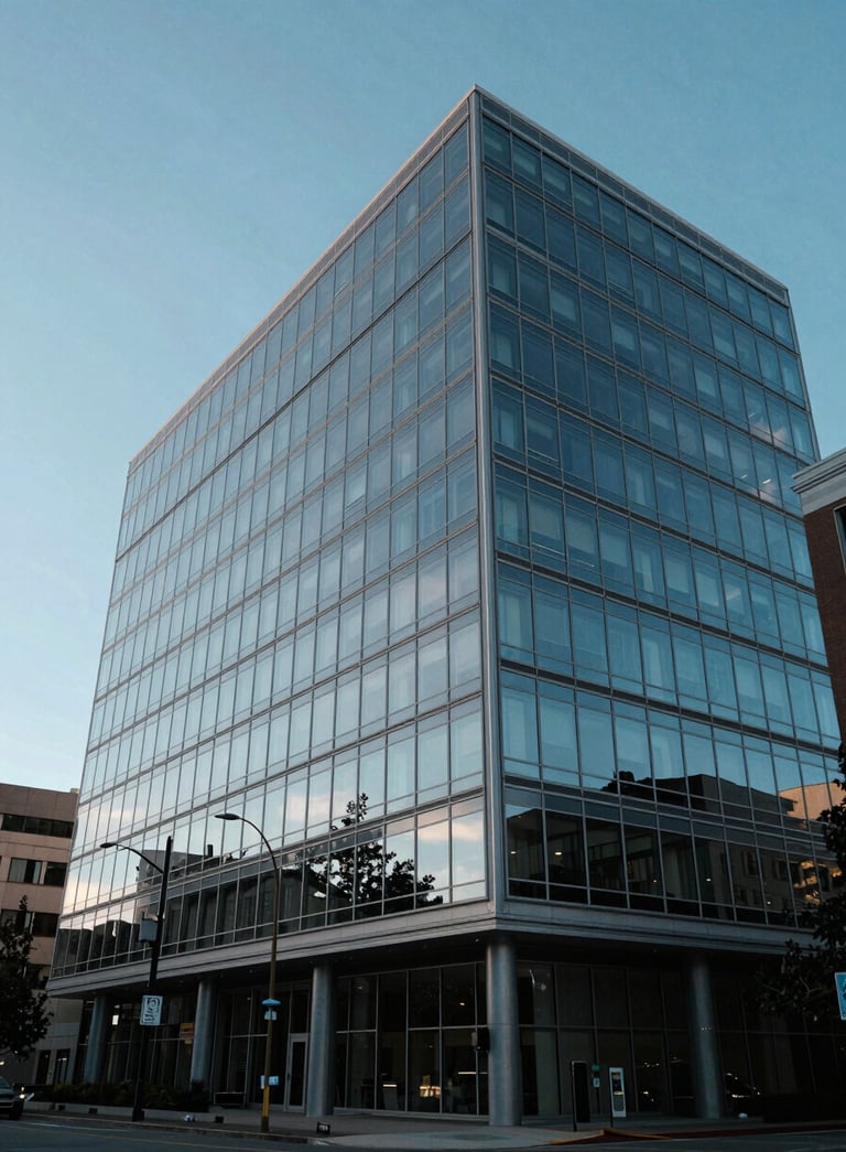 A wide angle photograph of a modern glass office building in Spokane, Washington, reflecting the clear blue sky, representing corporate stability and growth.