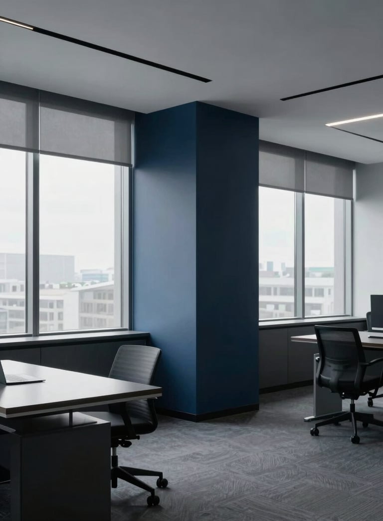 A minimalist and contemporary North American professional office interior, featuring clean lines, large windows with soft natural light, and a color palette of dark blue and grey. The atmosphere is sophisticated and quiet.