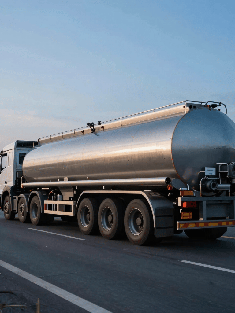 A large fuel tanker truck driving on a modern Indonesian highway during blue hour, cinematic lighting with blue and soft grey tones, sharp focus, professional photography.