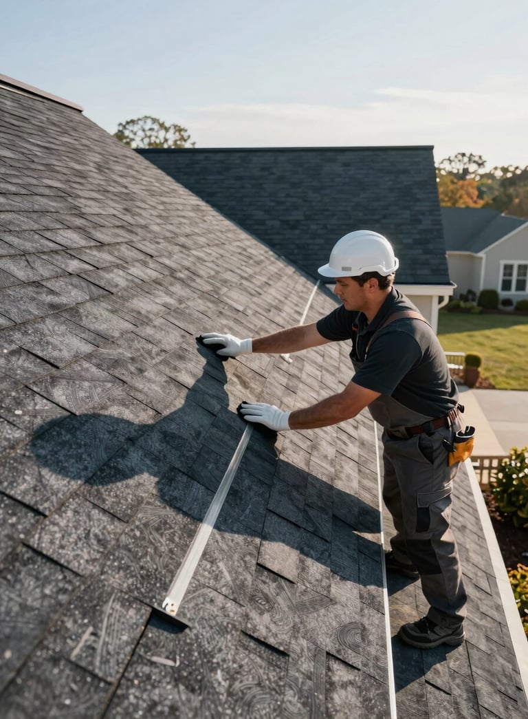 A professional roofing contractor in North American / US attire inspecting a high-end residential roof. The lighting is crisp morning sun, emphasizing a clean, modern aesthetic and the deep slate and charcoal colors of the shingles.