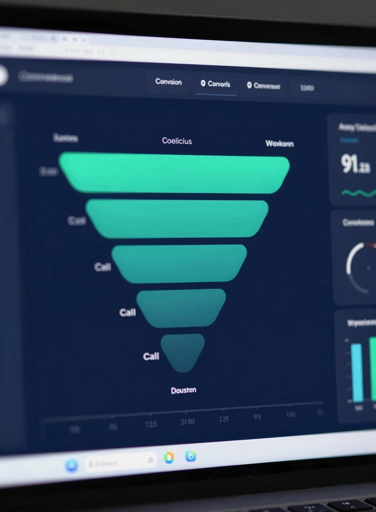 A sophisticated data visualization dashboard showing call conversion funnels and performance metrics in Navy and Teal colors, modern and clean style for a C-suite presentation.