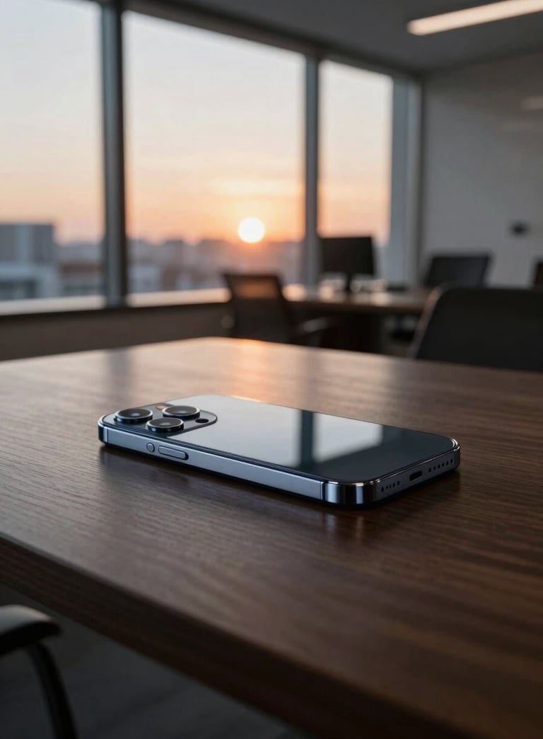 A professional photography shot of a sleek smartphone resting on a dark wood table in a modern US office space, reflections of a sunset in the window, sophisticated and clean composition.
