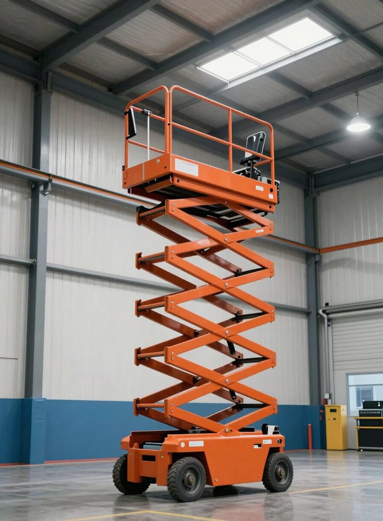 A bright orange electric scissor lift extended high inside a modern industrial warehouse in Spain / Mediterranean. Clean lighting, professional setting with blue and white accents.