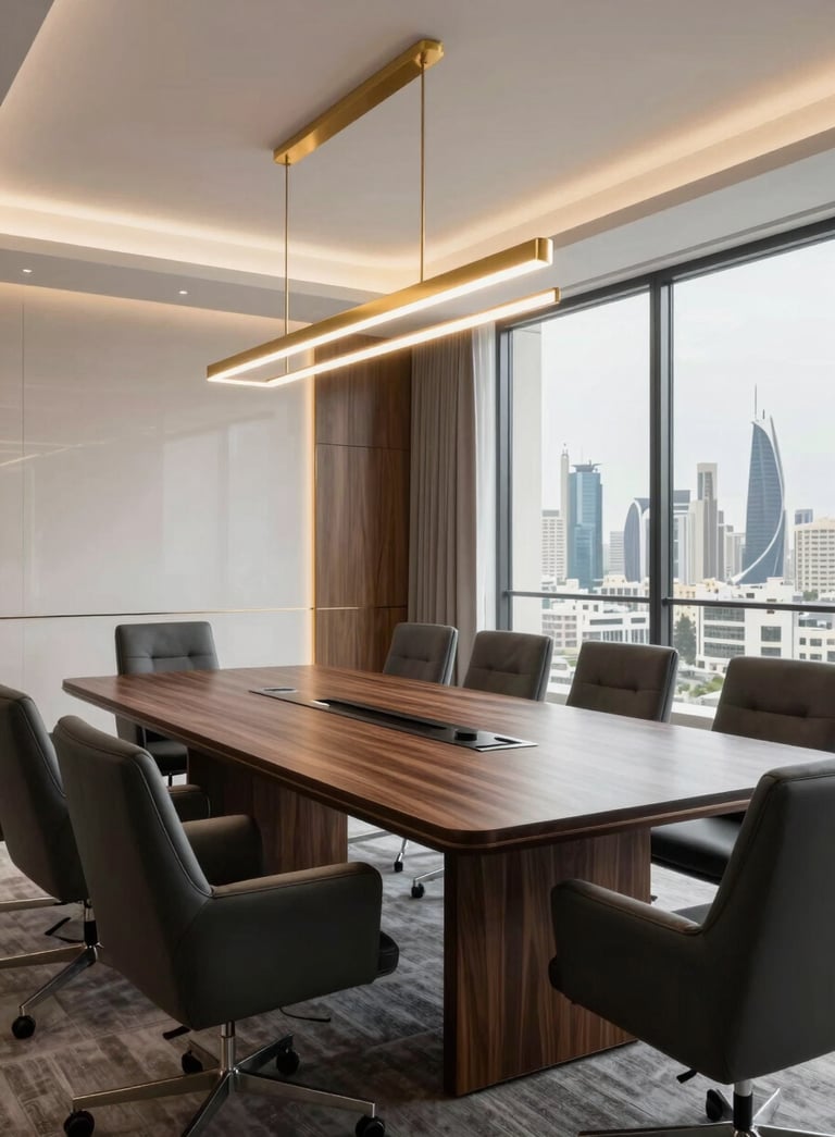 A modern and luxurious boardroom in Baghdad with a view of the city skyline, featuring dark wood and charcoal furniture, gold lighting fixtures, and a clean minimalist aesthetic.