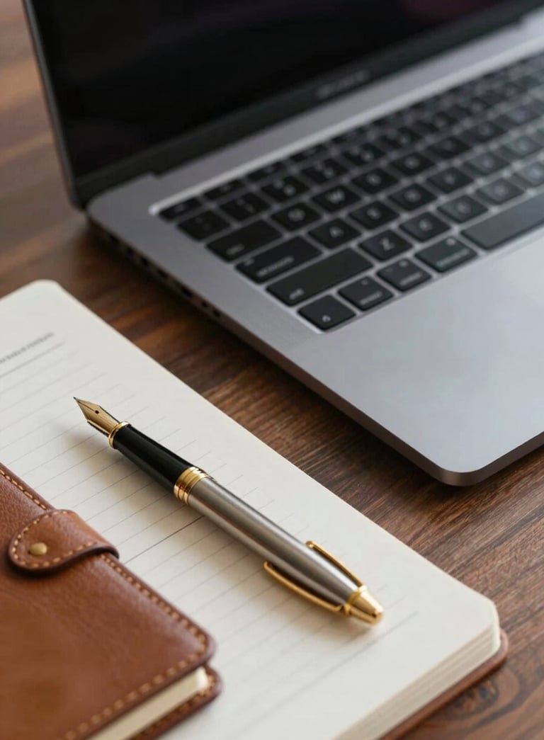 A high-end professional desktop view with a black laptop, a gold-nibbed fountain pen on a scholarly manuscript, and a leather notebook. Cinematic lighting emphasizing the gold and black professional color scheme.