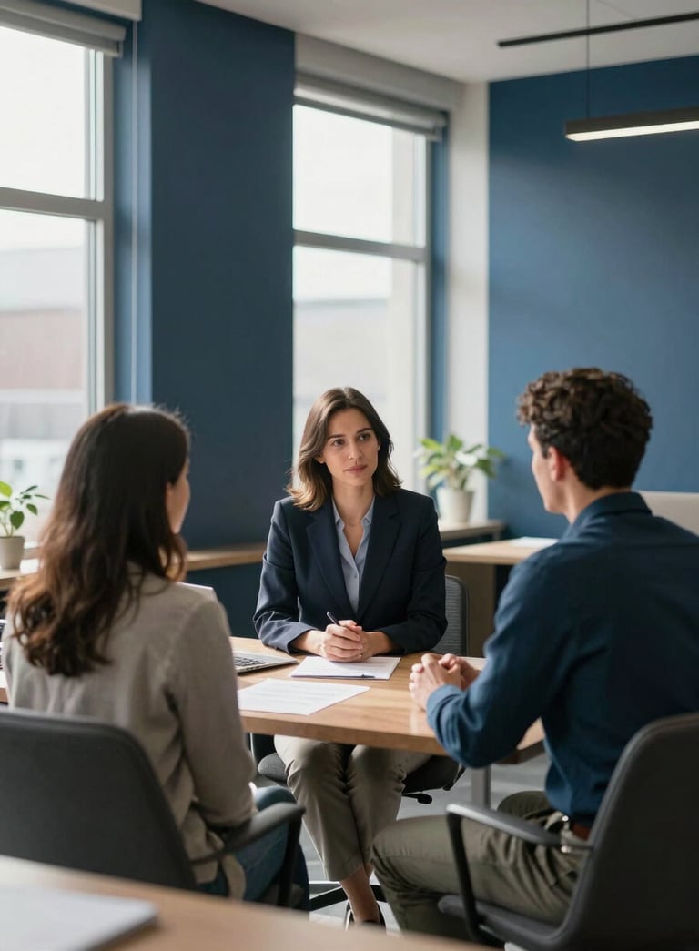 A wide-angle photography shot of a reassuring financial consultation. A professional advisor sits across from a couple in a clean, contemporary Canadian office. Soft sunlight streams through large windows, with decor in dark blue and steel blue accents, creating an atmosphere of empathy and competence.
