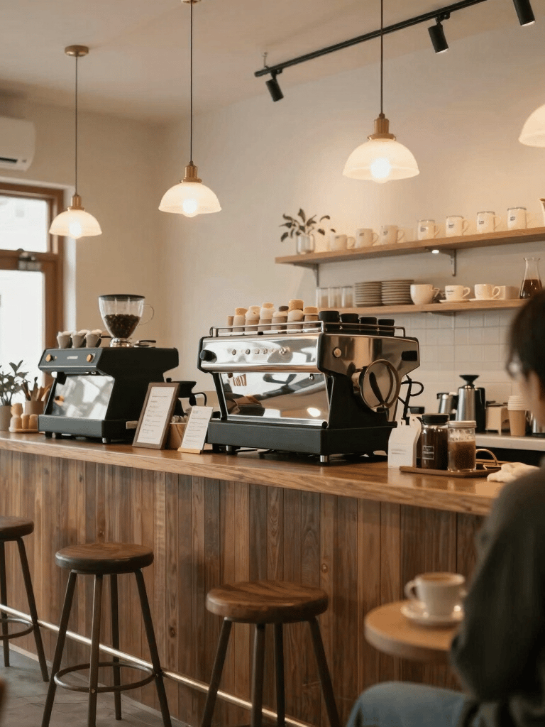 A premium, minimalist lifestyle shot of an espresso machine portafilter with freshly ground coffee, placed on a clean marble counter. Turkish / Anatolian coffee shop ambiance, bright and sharp.