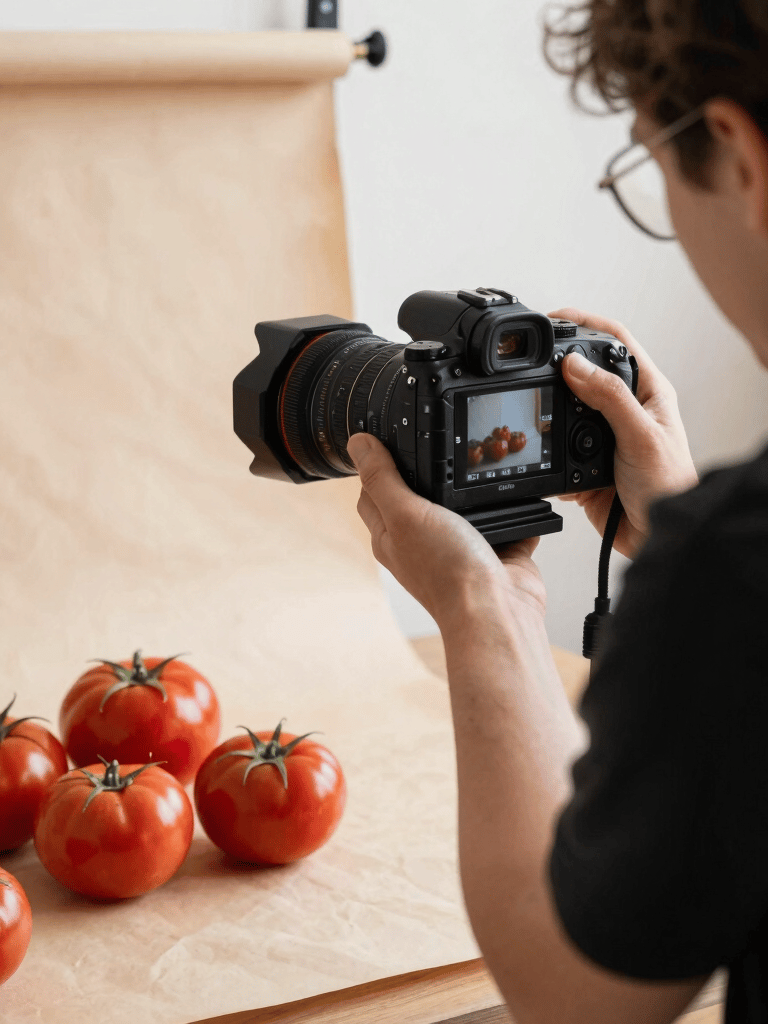 Behind-the-scenes photography of a digital marketing team planning a social media shoot in a cozy Scandinavian studio; a professional camera is aimed at a Deep Ripe Crimson tomato arrangement on a Crisp Parchment backdrop.
