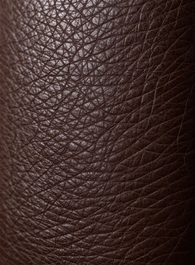 Extreme close-up of premium dark chocolate brown leather grain, showing sophisticated texture and high-quality craftsmanship, professional lighting.