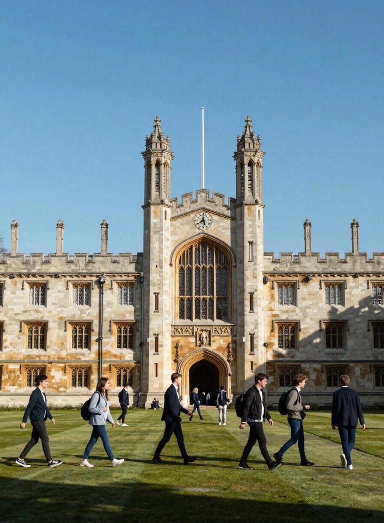 A wide, majestic shot of a historic British university campus featuring limestone Gothic architecture and a clock tower under a clear slate blue sky. In the foreground, students in smart casual attire walk across a manicured lawn.