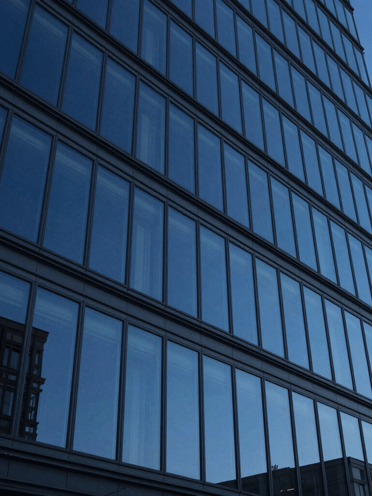 A low-angle shot of a modern architectural glass facade in a Central European city, reflecting a deep midnight blue sky, clean and professional photography.