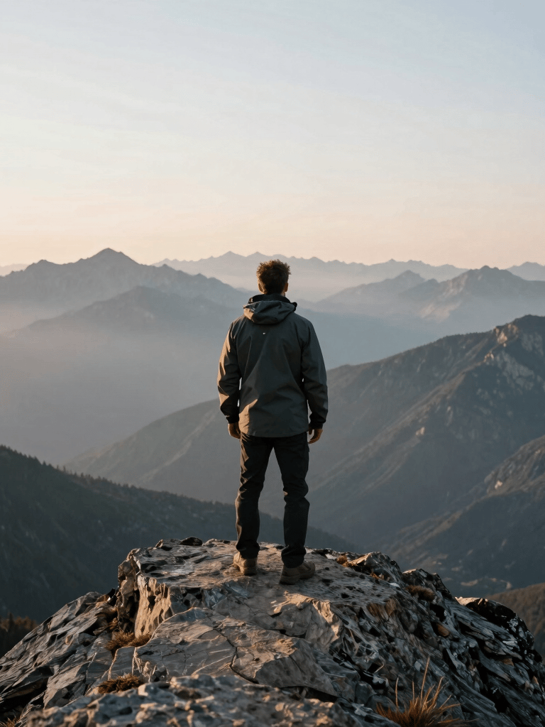 A man standing on a rocky outcrop overlooking a vast, misty mountain range at dawn. He is wearing high-end outdoor gear. Bold, minimalist composition. North American.