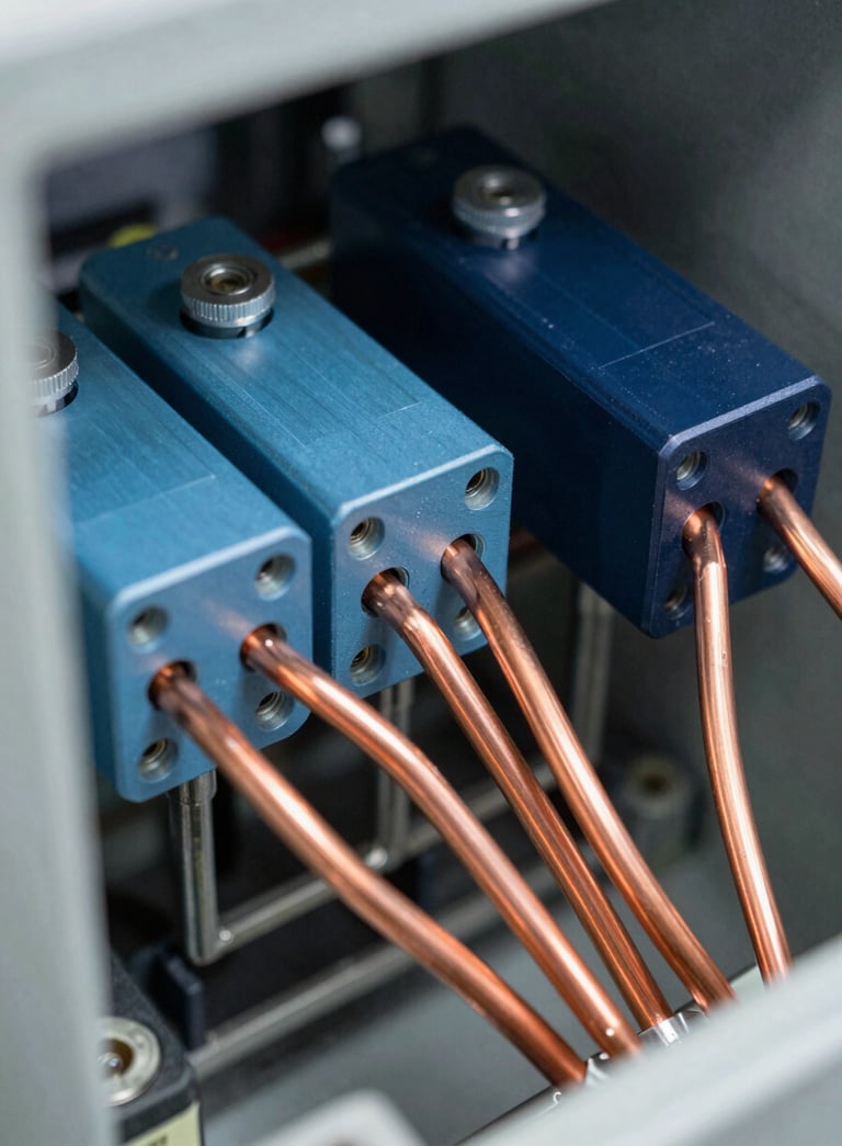 A close-up, high-detail photograph of professional electrical components and copper busbars inside a high-quality control panel. The lighting is crisp and clean, highlighting the steel blue and dark navy metallic surfaces, emphasizing precision engineering.