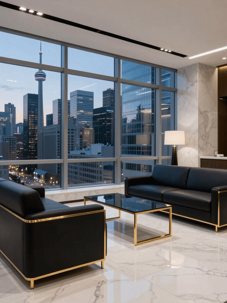 High-end corporate office in Toronto at dusk. Large windows reveal city lights. Interior features dark navy black furniture, gold accents, and white marble surfaces. Serious, professional atmosphere, North American / Canadian setting.