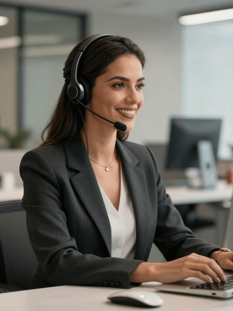 A professional Brazilian woman wearing a sleek headset, smiling warmly while working at a clean, modern desk in a high-end office, soft focus background, lighting in tones of charcoal and muted gold.