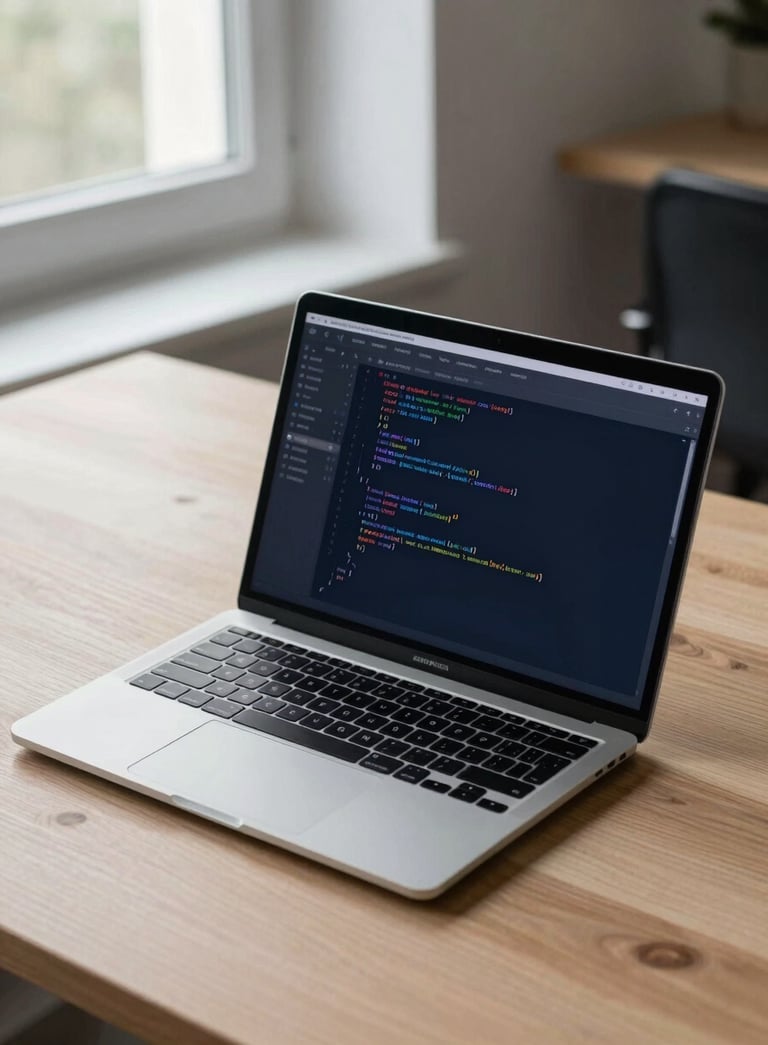 A high-resolution, candid photograph of a sleek silver laptop on a minimalist oak desk in a Northern European office. The screen displays lines of clean React code in a dark-themed editor. Natural morning light spills from a side window, creating soft shadows. No people are visible. The palette includes shades of cool gray and dark slate blue.