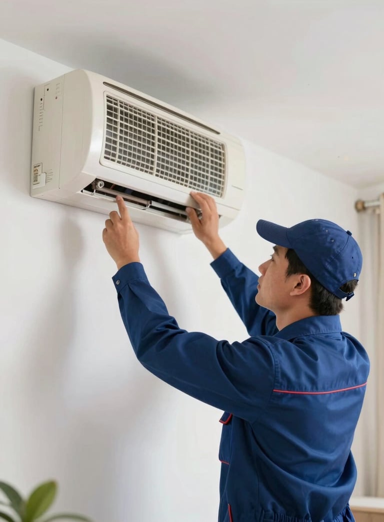 A professional AC technician in a clean navy uniform (#1A202C) servicing a wall-mounted split unit in a modern Noida home, soft natural light, conveying expertise and reliability.