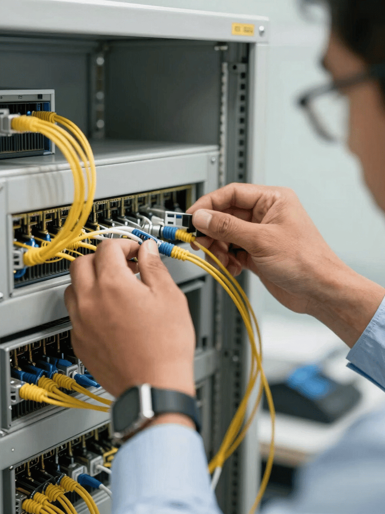 A close-up shot of professional IT specialists hands working on a fiber optic network panel in a South American corporate office, bright and sharp focus.