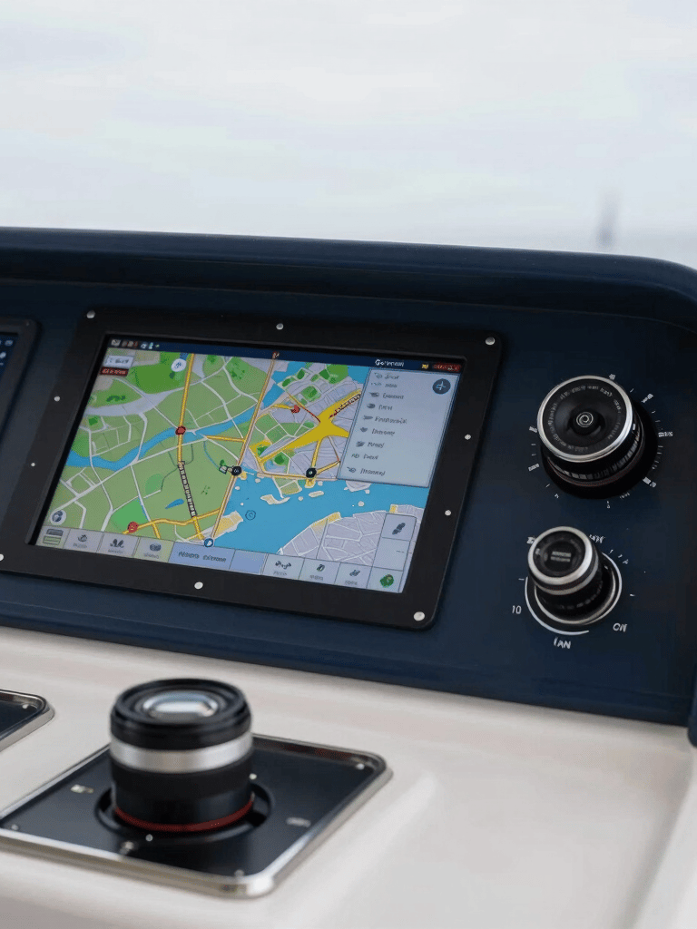 A modern yacht cockpit featuring a dual-screen integrated navigation system with bright maps and radar overlays, technical and premium aesthetic, soft natural lighting, white and dark blue accents.