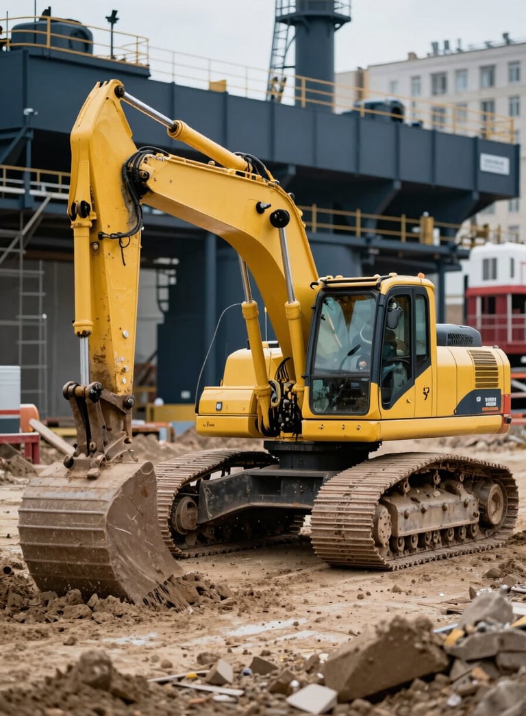 A powerful yellow crawler excavator digging earth at a large construction site in a Eastern European / Russian city, surrounded by Dark Slate Blue industrial equipment, sharp focus, professional photography.