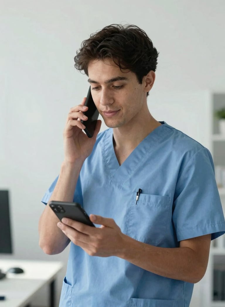 A professional portrait of a healthcare technology specialist using a sleek mobile device in a minimalist North American office setting. The composition uses natural light and features colors like light blue and medium blue.