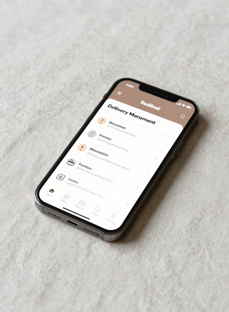 A professional studio shot of a smartphone resting on a soft off-white linen surface, showing a clean delivery management dashboard with muted earth brown accents.