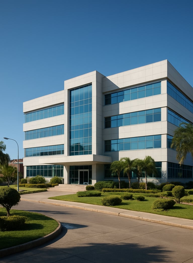 An exterior wide shot of a modern hospital building in a South American town, featuring a clean architectural design with glass panels and well-maintained greenery, under a clear blue sky during the daytime.