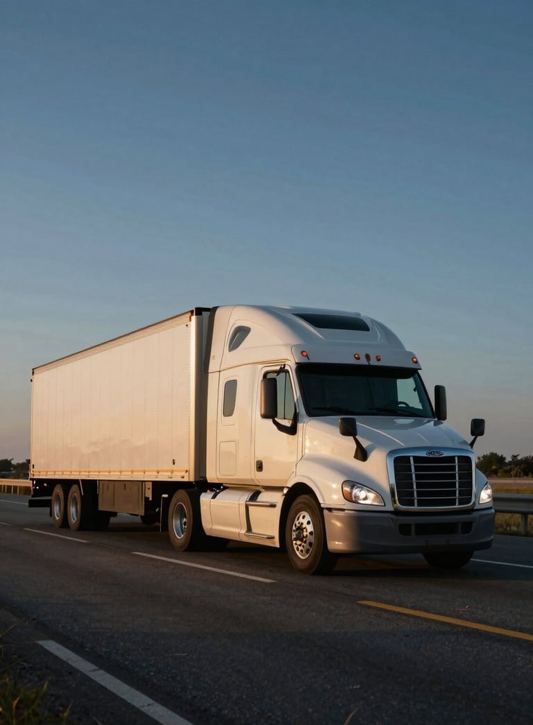 A sleek, modern semi-truck traveling on a wide American interstate highway during a clear sunset. The sky transitions through shades of Steel Blue and Muted Blue-Grey. The lighting is crisp, highlighting the Soft Off-white details of the truck.