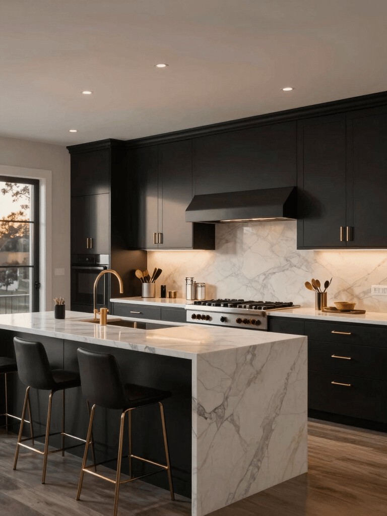 A luxury modern kitchen in a North American home featuring sleek matte black cabinetry, gold hardware accents, and a large white marble waterfall island, professional architectural photography, warm evening lighting.