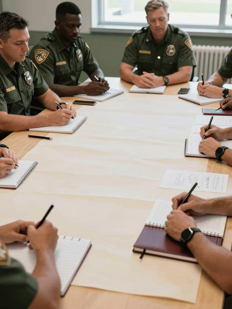 A North American agency team in a collaborative planning session at a large Crisp Parchment table with Deep Ripe Crimson notebooks and Matte Forest Green office details, natural lighting.